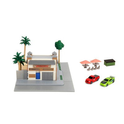 Universal Fast and Furious Hollywood Rides Nanoscene - Toretto's Market & Cafe Vehicle Playset: Toy Vehicle Set with 2 Cars, Plastic