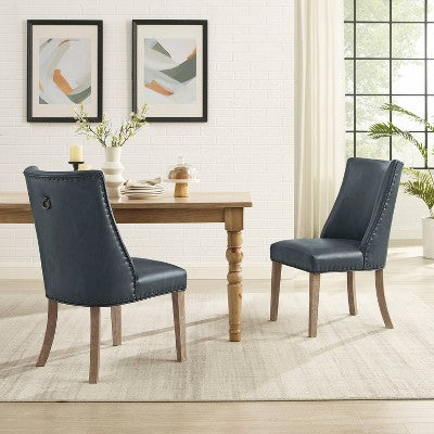 Axbridge Nailhead Trim Side Chair Faux Leather Navy - Powell: Elegant Dining Chairs, Set of 2, Birchwood Legs (LOCAL PICKUP ONLY)