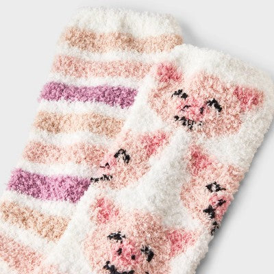Women's Pig 2pk Cozy Crew Socks - Ivory/Pink 4-10