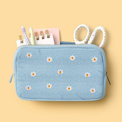Embroidered Daisy Denim Single Zip Pencil Pouch - up&up