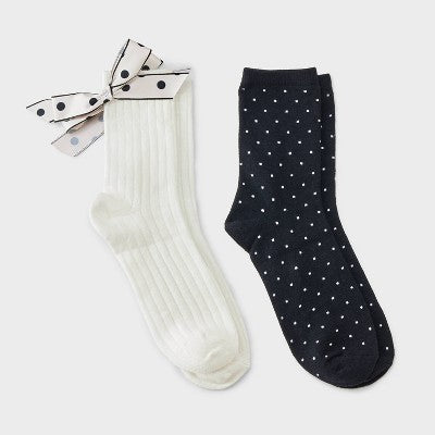 Women's 2pk Comfortwear Bow Demi Crew Socks - Auden - Sour Cream/Ebony