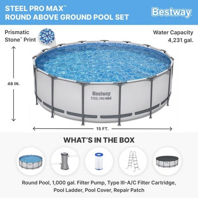 Bestway Steel Pro MAX 15 Foot by 48 Inches Round Above Ground Family Swimming Pool Set Outdoor Steel Frame with Filter, Pump, Ladder, and Cover, Gray (LOCAL PICKUP ONLY)