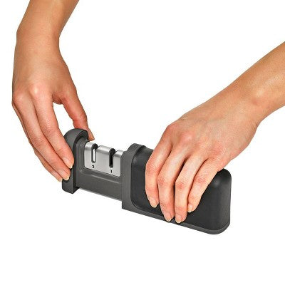 OXO Knife Sharpener: Manual Stainless Steel & Ceramic, Tungsten Carbide, Black, Lifetime Warranty, 5.39" Length