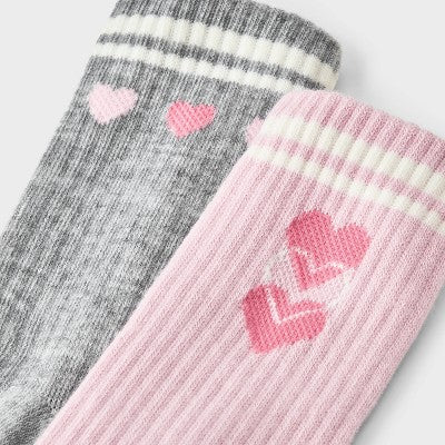Girls' 2pk Heart Crew Socks - Cat & Jack Pink/Gray S