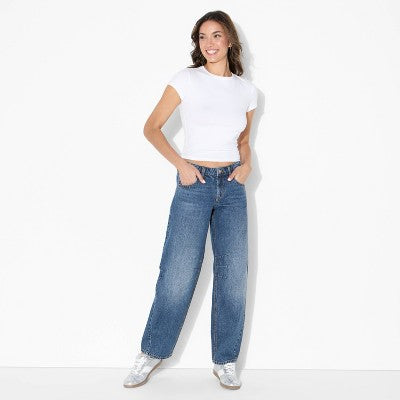 Women's Mid-Rise Barrel Jeans - Wild Fable Dark Wash 4
