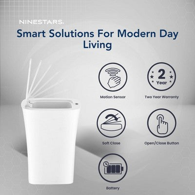 Nine Stars 10L/2.6gal Motion Sensor & Water Resistant Trash Can White: Bathroom Trash Can with Lid, Smell Resistant