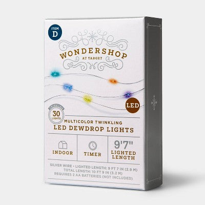 30ct Battery Operated LED Twinkling Christmas Dewdrop Fairy String Lights Multicolor with Silver Wire - Wondershop