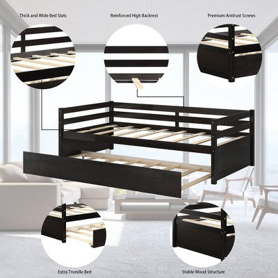 Costway Twin Size Trundle Daybed Wooden Slat Support Mattress Platform Espresso (LOCAL PICKUP ONLY)