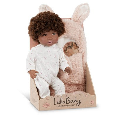 LullaBaby 14" Baby Doll with Curly Brown Hair and Brown Eyes with Cuddler Wrap