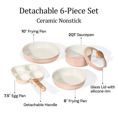 Carote 6pc Ceramic Nonstick Detachable Cookware Set Pink