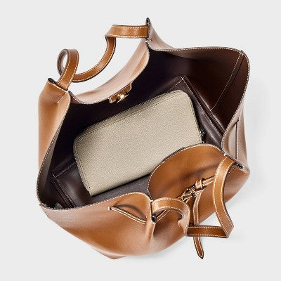 Belted Pinched Handle Tote Handbag - A New Day Brown