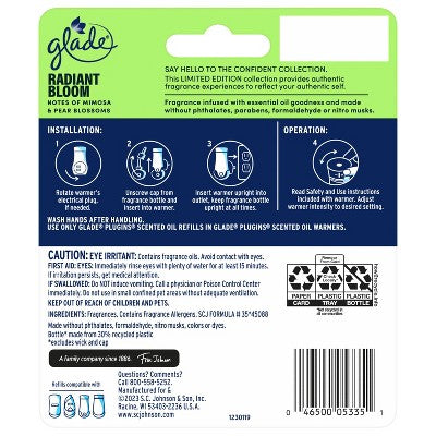 Glade PlugIns Scented Oil Air Freshener Refills - Radiant Bloom - 1.34 fl oz/2ct