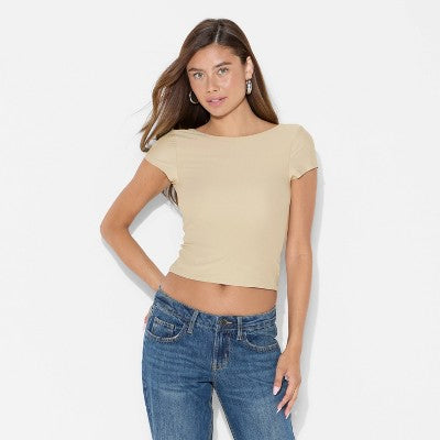 Women's Short Sleeve Boatneck Synthetic T-Shirt - Wild Fable Khaki S