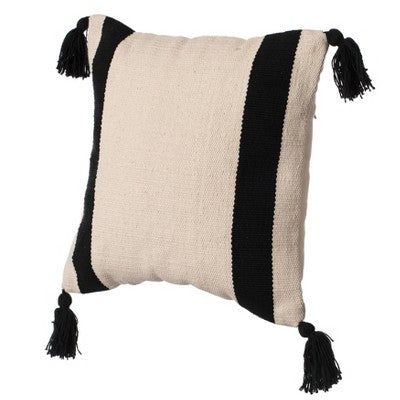 DEERLUX 16" Handwoven Cotton Throw Pillow Cover with Side Stripes, Black