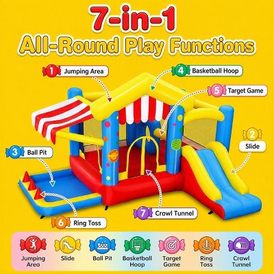 BATHWA Bounce House with Slide, Inflatable Bouncy Castle with Blower, Basketball Hoop, Ball Pit & Canopy, Obstacle Trampoline for Indoor/Outdoor (LOCAL PICKUP ONLY)