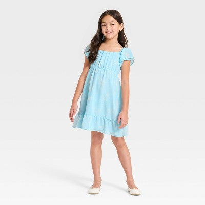 Girls' Ruffle Short Sleeve Chiffon Floral Dress - Light Blue L