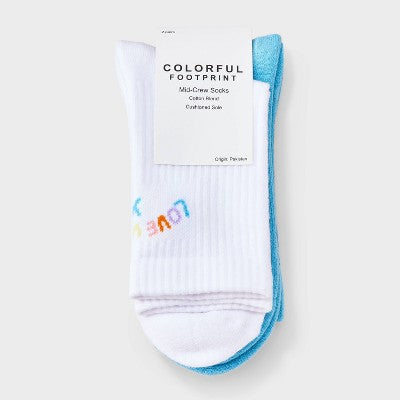 Women's "Love Who You Are" Cushioned Ribbed 2pk Mid Crew Socks - White/Blue 4-10