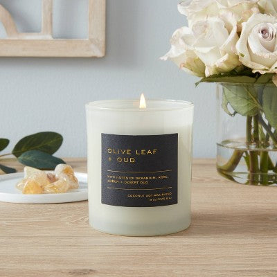 8oz Lidded Glass Jar Black Label Olive Leaf and Oud Candle - Threshold: Soy & Coconut Wax Blend, 30hr Burn Time