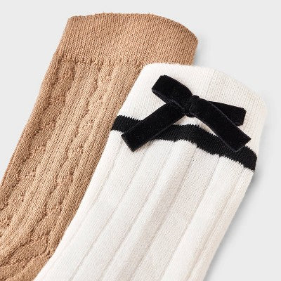Girls' 2pk Velvet Bow Dressy Mid-Crew Socks - art class White/Ivory M