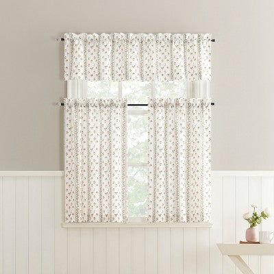 No. 918 2pc 54"x36" Riverwood Floral Stripe Print Semi-Sheer Kitchen Curtain Tier Pair Ivory