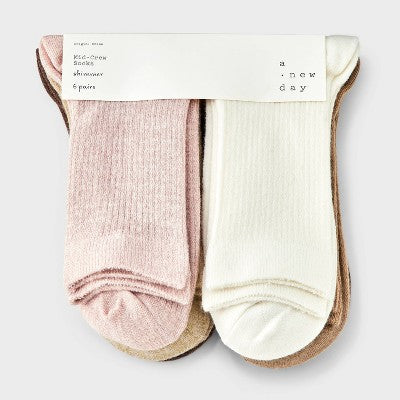 Women's Shimmer and Solid Fine Ribbed 6pk Crew Socks - A New Day Peach/Ivory/Brown 4-10: Recycled Polyester, Tagless, Smooth Toe Seams
