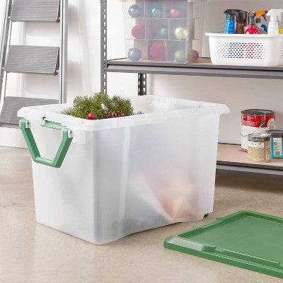 32gal Latching Rolling Christmas Storage Tote with Green Lid Base Gray Handle Latches - Brightroom (LOCAL PICKUP ONLY)