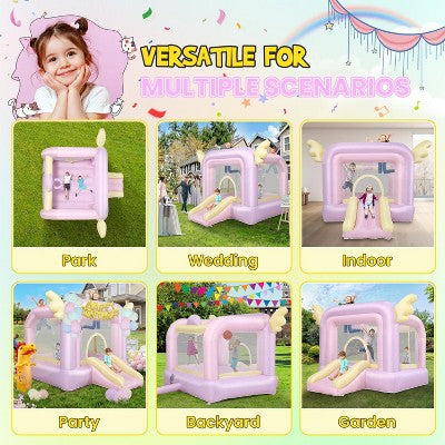 KRISRATE Inflatable Bounce House with Slide, Pink Kids Bouncy Castle for Indoor/Outdoor Use, with Basketball Hoop, Safety Net for Party, No Blower (LOCAL PICKUP ONLY)