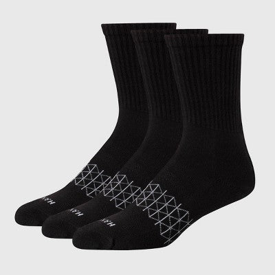 Hanes Men's 3pk Absolute Active Cushioned Crew Socks - Black 6-12: Arch Support, Seamless Toe