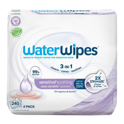 WaterWipes Sensitive+ Soothing Wipes, 3-In-1 Cleans,Soothes, 99% Water with Botanical Extract, Unscented & Hypoallergenic Baby Wipes, 240ct