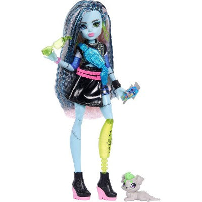 Monster High Frankie Stein Fashion Doll in Black Pleather Skirt with Pet Watzie and 7 Accessories