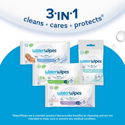WaterWipes Sensitive+ On The Go Wipes, 3-In-1 Cleans, Cares, Protects, 99.9% Water, Unscented & Hypoallergenic - 10ct