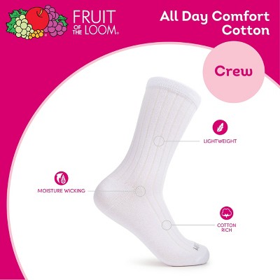 Women's Fruit of the Loom Cotton Comfort 3pk Crew Socks - White 4-10: Midweight, Cotton Blend, Machine Washable