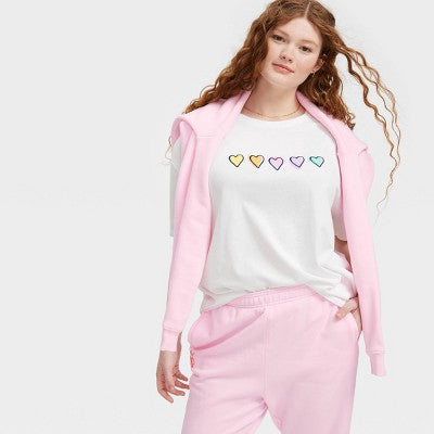 Women's Oversized Disco Hearts Wave Graphic T-Shirt White XS