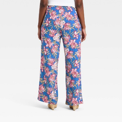 Women's Linen Wide Leg Pull-On Pants - A New Day Blue Floral M Short