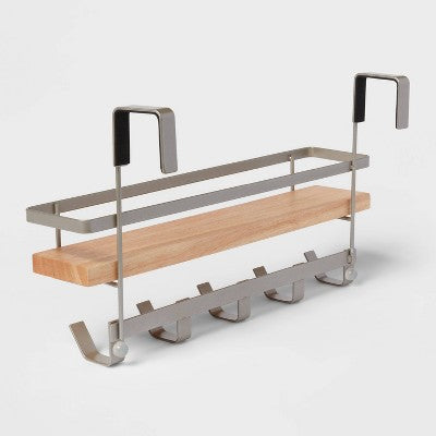 Shelf Rack with 5 Hooks Brushed Nickel - Brightroom: Wall-Mounted, Steel Bathroom Storage Organizer