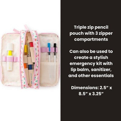 Yoobi Triple Zip Pencil Pouch - Pink Wildflower, School Supplies