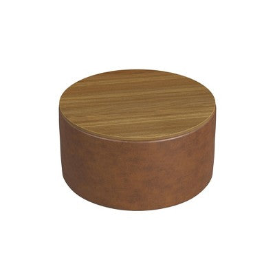 Wood Top Storage Ottoman Brown Faux Leather - HomePop: Modern Round Upholstered Bench, Easy to Assemble (LOCAL PICKUP ONLY)