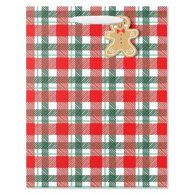 13" Large Christmas Gift Bag Green/Red Plaid