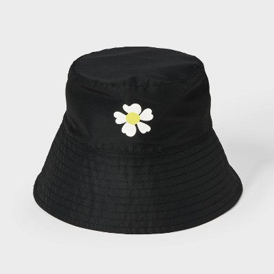Girls' Reversible Daisy Printed Bucket Hat - art class Black: UPF 50+, Lightweight, Floral Pattern