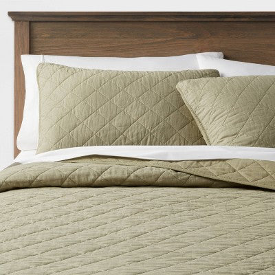 King Diamond Stitch Cotton Linen Quilt Sham Moss Green - Threshold: OEKO-TEX Certified, Woven Texture, No Flange