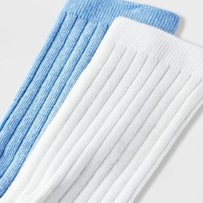 Women's 2pk Flat Knit Wide Ribbed Crew Socks - Blue/White 4-10