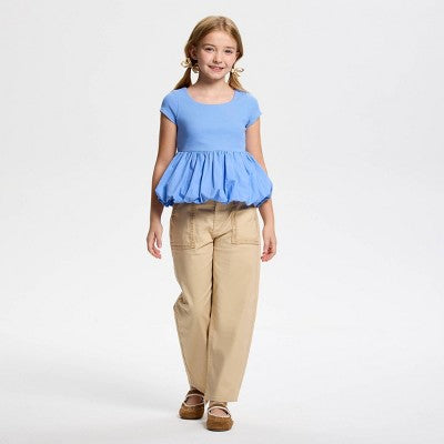 Owillo Girls' Short Sleeve Knit Bubble Hem Top - Blue S