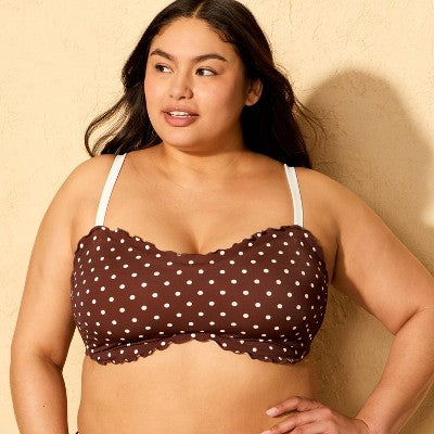 Women's Ruffle Edge Bandeau Bikini Top - Brown/Cream Polka Dot 2X