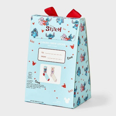 Women's Lilo & Stitch Valentine's Day Giftable 2pk Crew Socks - Blue/Pink 4-10