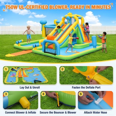 BATHWA 18x15.8Ft 22-in-1 Jellyfish Ocean Inflatable Water Park for Kids Backyard w/Dual Slides|10 Foot PVC Slip Water Slide|2 Bodyboards|750W Blower (LOCAL PICKUP ONLY)