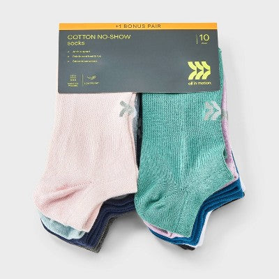 Women's Lightweight Everyday 10+1pk No Show Socks - All In Motion White/Assorted Colors - 4-10
