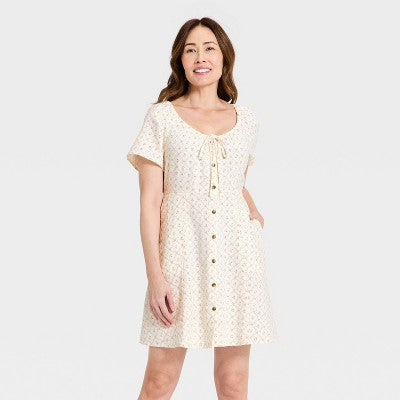 Women's Button-Front Mini Sundress - Cream Floral S
