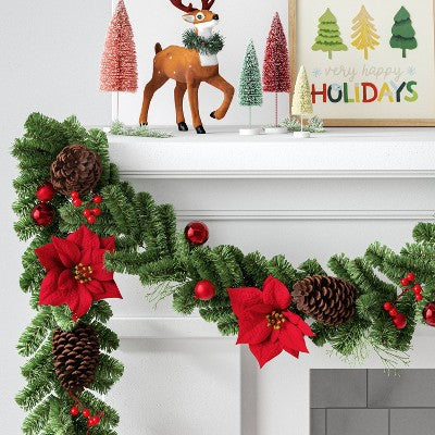 6' Cedar with Poinsettia Flowers and Pinecones Christmas Artificial Garland - Wondershop: Traditional Decor, Indoor/Sheltered Outdoor Use (LOCAL PICKUP ONLY)