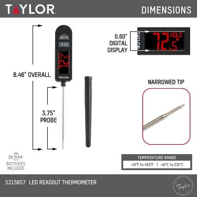 Taylor Digital LED Kitchen Meat Cooking Thermometer Black: Instant Read, Oversized Display, -40 to 450F, Battery Included
