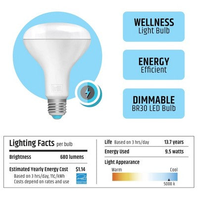 Brilli 2pk BR30 65W Charge Up Energy-Boosting Dimmable LED Flood Bulbs White